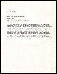 ["Lt. Gen. Edward L. Rowny, the representative of the Joint Chiefs of Staff at the Strategic Arms Limitation Talks (SALT), is in town and will be returning to Geneva soon. Senator Bartlett is encouraged to meet with General Rowny before leaving for Geneva to get an idea of what to expect in the negotiations. Arrangements can be made through Rowny's secretary, Miss McGuire."]