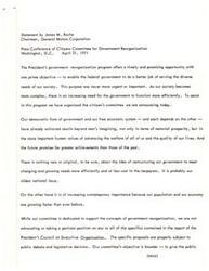 ["James M. Roche, Chairman of General Motors Corporation, supports the government reorganization program to improve the efficiency of the federal government in serving society's needs. The program is non-partisan and aims to make the government more responsive and effective in achieving its goals. The committee formed by Roche is dedicated to raising public awareness and assisting in the implementation of the reorganization program."]