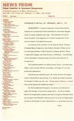 ["A non-partisan Citizens Committee for Government Reorganization has been formed by prominent citizens, including former officials and business leaders, to advocate for rational reorganization of the executive branch of the federal government. The committee believes that reorganization will lead to greater efficiency, economy, and better use of taxpayer dollars. They support President Nixon's reorganization proposals and aim to change the focus of the federal bureaucracy from constituency to purpose. The committee emphasizes the importance of reform before public frustration with government reaches a crisis point."]