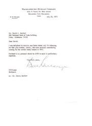 ["The president of Mecklenburg-Duncan company, W. W. Hulsey, wrote a letter to David A. Bartlett expressing his support for Bartlett's brother, Dewey, who is considering running for the United States Senate in 1972. Hulsey enclosed a personal check for $100 to assist with preliminary expenses."]