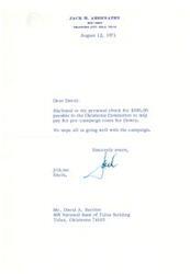 ["Jack H. Abernathy sent a $100 personal check to David A. Bartlett to help pay for pre-campaign costs for Dewey. Abernathy expressed his hope that the campaign was going well."]