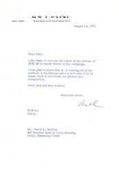 ["The author is sending a $100 check to support Dewey in his political campaign in Oklahoma. They are pleased to hear that Dewey is visiting all counties in the state to overcome Democratic competition. The author wishes Dewey good luck and best wishes. The letter is addressed to Dave Bartlett in Tulsa."]