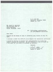 ["Robert G. Beach apologizes for the delay in responding to a letter from David A. Bartlett and encloses a check for $250 to support senatorial activities. He expresses willingness to contribute more if it were for Dewey's campaign for Governor, as he believes Dewey could do more for the state in that role."]