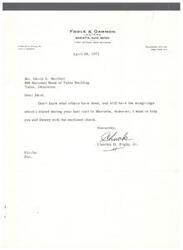 ["The text is a letter from Charles D. Fogle, Jr., a lawyer in Marietta, Ohio, to Mr. David A. Bartlett in Tulsa, Oklahoma, dated April 28, 1971. In the letter, Fogle expresses some misgivings but still wants to help Bartlett and Dewey by enclosing a check."]
