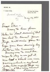 ["The text is a letter from F. Leonard Christy to Dane, expressing disappointment that Dane had to cancel a trip and hoping Dane can visit later in the summer. Christy mentions meeting with the President and includes a check enclosed. Christy also notes that things are hectic and missing, sending warm regards."]
