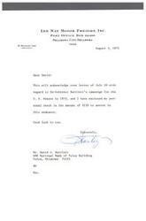 ["The text is a letter from M. Stanley Lee, President of Lee Way Motor Freight, Inc., to David A. Bartlett regarding support for Ex-Governor Bartlett's campaign for the U.S. Senate in 1972. Lee has enclosed a personal check for $150 to assist in the campaign. The letter wishes David good luck in the endeavor."]