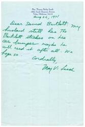 ["The letter is from someone named Mrs. Thomas Bailey Leech, who mentions that her husband still has a Bartlett sticker on his car bumper and hopes he will need it in the future."]