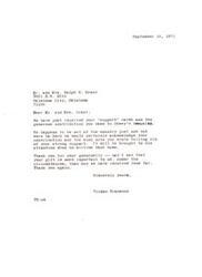 ["Mr. and Mrs. Grant received a thank you letter from Truman Branscum for their generous contribution to Dewey's campaign. Dewey is currently out of the country but will be informed of their support upon his return. Branscum expressed gratitude for their donation, stating it was significant to them. He also mentioned the possibility of sending more support in the future."]