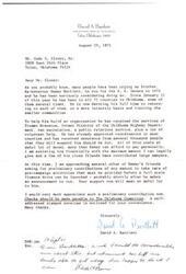 ["David A. Bartlett is writing to Mr. Cade C. Clover, Sr. to inform him of his brother, Ex-Governor Dewey Bartlett's potential run for the U.S. Senate in 1972. Dewey Bartlett has been traveling across Oklahoma building an organization and seeking support. David is asking for financial contributions to help with pre-campaign activities."]