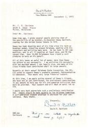 ["David A. Bartlett is writing to Mr. C. G. Carlson to ask for a preliminary contribution to help fund his brother, Ex-Governor Dewey Bartlett's potential campaign for the United States Senate in 1972. Dewey Bartlett has been traveling around Oklahoma meeting with supporters and needs financial support for his pre-campaign activities. Bartlett mentions that the AFL-CIO has pledged support for Dewey's opponent, Representative Ed Edmondson, which will require large financial backing. Bartlett asks for contributions to be made to The Oklahoma Committee and includes a self-addressed stamped envelope for convenience."]