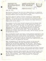 ["The National Endowment for the Arts has completed the grant award phase for the City Options program, which focuses on enhancing urban settings in communities of all sizes. A total of 149 grants were awarded out of 690 applications, totaling $3.2 million. Projects will take place in 43 states, the District of Columbia, and Puerto Rico, with a focus on historical preservation and creative solutions for urban problems. The program has been designated a bicentennial activity and has received strong support from government entities. Additionally, a grant of $9,600 was awarded to the University of Oklahoma for a regional planning program in Watonga, Oklahoma."]