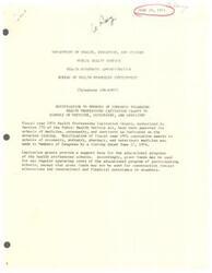 ["The Department of Health, Education, and Welfare has approved Health Professions Capitation Grants for schools of medicine, osteopathy, and dentistry for fiscal year 1974. These grants provide financial support for the educational programs of the schools, but cannot be used for construction or student financial assistance. The grants have been allocated to specific institutions in various states, with amounts ranging from $76,662 to $1,564,548."]