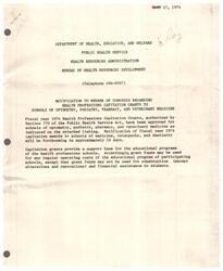 ["The Department of Health, Education, and Welfare has approved Health Professions Capitation Grants for schools of optometry, podiatry, pharmacy, and veterinary medicine for fiscal year 1974. The grants provide support for educational programs and cannot be used for construction or student financial assistance. Grant recipients and amounts are listed for schools in Ohio, Oklahoma, and Oregon."]