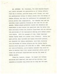 ["The document discusses the historical context of preferential hiring and promotion for Indian people in the Bureau of Indian Affairs and the Indian Health Service. It highlights the conflict between non-Indian employees reaching a career dead-end and qualified Indian individuals waiting for promotional opportunities. To address this issue, a bill is introduced to revise retirement benefits for non-Indian employees, allowing them to retire earlier and creating more opportunities for qualified Indians to advance in their careers. The bill also outlines specific amendments to existing laws to support this initiative."]
