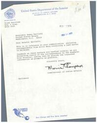 ["A letter to Senator Dewey Bartlett regarding a land matter in Oklahoma. The document discusses a historical land transaction involving a railroad right-of-way and questions whether the Department of Interior can approve a Warranty Deed conveying a lesser interest of a heir than was contracted for. The document includes details of the land transaction dating back to 1908 and requests clarification on the ownership of the land. An additional attachment provides further historical information on the land transaction."]