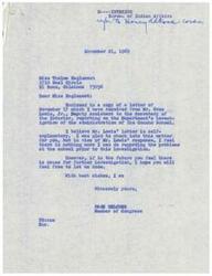 ["Miss Thelma Eaglenest received a letter from Page Belcher, a Member of Congress, regarding the investigation of the administration of the Concho School. Belcher enclosed a copy of a letter from Mr. Orme Lewis, Jr. reporting on the Department's investigation. Belcher stated that in light of the response from Mr. Lewis, there was nothing more he could do regarding the problems at the school. However, he encouraged Eaglenest to reach out if she felt there was cause for further investigation in the future. Belcher also mentioned that he had requested a report from the Bureau of Indian Affairs regarding Superintendent Aaron Dry and the petition Eaglenest had signed, and assured her that he would be in touch once he received the report."]