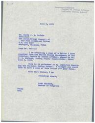 ["The document includes a series of letters and resolutions regarding the Chilocco Indian School, specifically addressing concerns about the treatment of Superintendent Wall and Principal Winston following a critical report. The Inter-Tribal Council expresses support for the two individuals and questions the fairness of the situation. Congressman Page Belcher assures the council of his efforts to address the matter and keep them informed."]