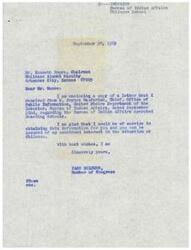 ["The document includes correspondence between Page Belcher, a Member of Congress, and various officials regarding the Bureau of Indian Affairs operated Boarding Schools, specifically Chilocco School. Belcher received a telegram from Kenneth Moore of the Chilocco Alumni Faculty, expressing concerns and requesting information. Belcher contacted the Bureau of Indian Affairs and received a response indicating that plans for contracting the operation of Chilocco had been cancelled. The document also includes a resolution from the Chilocco Alumni and Faculty Association requesting changes to the criteria for enrollment in Indian boarding schools."]