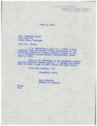 ["The document consists of a series of letters dated in May and June 1969 regarding the Chilocco Indian School in Oklahoma. Congresswoman Page Belcher is corresponding with Mrs. Delphine Rhodd about the possibility of the Bureau of Indian Affairs contracting with a private organization to operate the school. Mrs. Rhodd has expressed concerns and gathered support from a group called \"Indian Citizens for Action\" to protest any Congressional action that might abolish or phase out the Bureau of Indian Affairs or Indian boarding schools without the consent of the majority of Indian people. Congressman Belcher reassures Mrs. Rhodd that she is monitoring the situation closely and will provide updates as more information becomes available."]