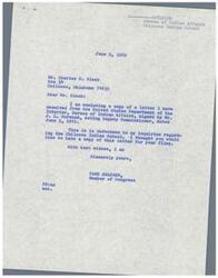 ["The document is a series of letters regarding the Chilocco Indian School in Oklahoma. The documents mention concerns about the Bureau of Indian Affairs possibly contracting with a private organization to operate the school, as well as issues with the current management and treatment of students. The Assistant Secretary of the Interior has ordered the replacement of the Superintendent and Principal pending an investigation into the conditions at the school."]