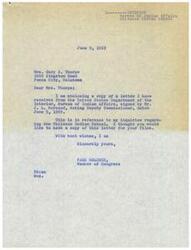 ["Mrs. Gary S. Thorpe wrote to Member of Congress Page Belcher expressing her concerns about the Chilocco Indian School being contracted to a private operator. Belcher reassured Thorpe that he would do everything he could to keep the school and provided updates on his communication with the Bureau of Indian Affairs regarding the matter. Belcher also shared copies of letters he received from the Bureau of Indian Affairs regarding the situation at the Chilocco Indian School."]