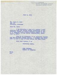 ["Ms. Julia E. Kent wrote to Senator Page Belcher requesting help in preventing the Chilocco Indian School from being put out on contract. Senator Belcher assured her that he would do everything he could to keep the school and promised to provide updates on the matter. He later contacted the Bureau of Indian Affairs regarding the situation and received a letter instructing to hold in abeyance any further consideration of contracting with a private organization for the operation of the Chilocco School. Senator Belcher shared this information with Ms. Kent and assured her that he would continue to monitor the situation closely."]
