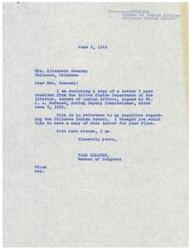 ["Mrs. Elizabeth Sweeney wrote to Congressman Page Belcher on April 4, 1969, requesting him to use his influence to keep the Chilocco Indian School under the Bureau of Indian Affairs rather than contracting it out. Congressman Belcher responded by assuring Mrs. Sweeney that he is in contact with the Bureau of Indian Affairs regarding the matter and will do everything he can to keep the school. He also sent Mrs. Sweeney copies of letters he received from the Bureau of Indian Affairs regarding the situation at Chilocco."]