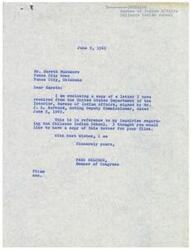 ["Congressman Page Belcher is corresponding with Gareth Muchmore from the Ponca City News regarding the Chilocco Indian School. Belcher has received letters from the Bureau of Indian Affairs about the possibility of contracting with a private organization for the school's operation. He is closely monitoring the situation and is willing to provide information and assistance."]
