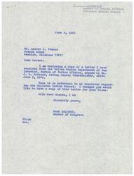 ["The document consists of a series of letters regarding the Chilocco Indian School, with Congress member Page Belcher informing Lester E. French about the situation and the efforts being made to prevent the school from being contracted out to a private organization. Belcher also mentions receiving updates from the Bureau of Indian Affairs and expresses a desire to keep a close eye on the matter. French is thanked for his help in the situation."]