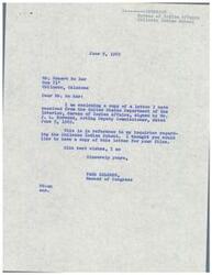 ["The document consists of three letters written by Page Belcher, a member of Congress, to Robert No Ear regarding the Chilocco Indian School. Belcher mentions his inquiries with the Bureau of Indian Affairs about the school and the possibility of contracting with a private organization for its operation. He also assures No Ear that he will do everything possible to keep the school open and provides copies of letters he has received from the Bureau of Indian Affairs on the matter. No Ear expresses concern about the potential closure of the school and requests Belcher's help in keeping the civil service employees employed."]