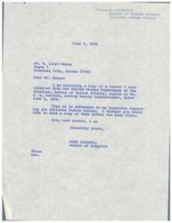 ["The document consists of a series of letters between W. Lloyd Means and Page Belcher regarding the Chilocco Indian School, specifically discussing issues related to the potential contracting of the school to a private organization, concerns about a bill (S.930) that could impact Indian education, and the desire to keep the school operational and maintain its current methods of instruction and discipline."]