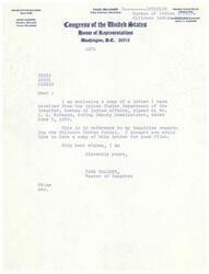 ["Congressman Page Belcher received a letter from the Bureau of Indian Affairs regarding the Chilocco Indian School, stating that allegations of mistreatment are under investigation and appropriate actions will be taken. The Bureau is holding off on contract negotiations for the school and appreciates the support of the Council of American Indians. They hope to resolve the matter soon and improve the educational program at Chilocco."]