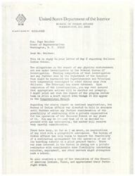 ["The Bureau of Indian Affairs is investigating allegations of physical mistreatment at Chilocco Indian School. The Superintendent and Principal have been temporarily reassigned pending the investigation. Contract negotiations with a private organization for the operation of the school have been put on hold. The Bureau is exploring the feasibility of a contractual arrangement for the school. They appreciate the support of the Council of American Indians and hope to resolve the matter quickly to strengthen the educational program at Chilocco Indian School."]