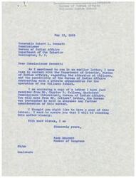 ["Congressman Page Belcher is concerned about the situation at Chilocco Indian School and has written to Commissioner Robert L. Bennett of the Bureau of Indian Affairs requesting a report on the conditions at the school and the Bureau's position on allegations made against it. Belcher also mentions the possibility of the school being taken out of the Bureau's control. The Council of American Indians in Tulsa, Oklahoma has expressed support for the Commissioner's actions regarding the school."]