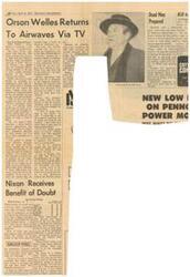 ["Orson Welles returns to his first love of broadcasting, signing a deal with CBS to do annual television specials. He discusses his reasons for trying television and his creative approach to the medium. Despite his success in radio, Welles feels television is a new frontier for him. Many people give President Nixon the benefit of the doubt on his handling of the Vietnam situation, with some reserving judgment and others looking for dramatic action."]