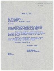 ["The document includes correspondence between Mr. Ben C. Wileman and Congressman Page Belcher regarding the need to amend S. 2182 to give recognition to loans placed under the HUD Act and extend interest payment on such loans. Mr. Wileman and Mr. David E. Rose from St. Anthony Hospital urge for this amendment to reduce costs. Congressman Belcher explains the legislative process and suggests contacting Oklahoma Senators for support. He also forwards the letters to the Senate Committee on Labor and Public Welfare for consideration."]