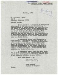 ["Kenneth E. Black, a member of the Otoe-Missouria Tribe, wrote a letter to Congressman Page Belcher expressing concern about the transfer of administration of Indian schools and education from the Bureau of Indian Affairs to the Department of Health, Education, and Welfare. Black disagreed with the testimony given by Bill Pensoneau, Vice President of the National Indian Youth Council, and felt that only duly elected tribal officials should speak on behalf of the tribes. Belcher acknowledged Black's concerns and forwarded his letter to Senators Edward M. Kennedy and Henry Bellmon for their information."]