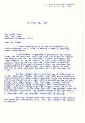 ["The document is a letter from Congressman Page Belcher in response to a letter from Mr. Jakie Coym urging support for S. 2031, a bill affecting National Guard Technicians, and H.R. 331, a bill to add Doctors of Chiropractic to the Medicare Program. Belcher informs Coym that no action will be taken on S. 2031 until Congress reconvenes in January, and that H.R. 331 is being considered by the House Ways and Means Committee. Belcher assures Coym that both bills will receive his careful attention when they come before Congress for consideration."]