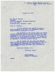 ["The document is a correspondence between Ray T. Anthony, Chairman of the Health and Hospital Planning Committee, and Page Belcher, a Member of Congress, regarding S.B. 2523, the \"Community Mental Health Centers Amendments of 1969\". Anthony urges Belcher to support the bill, highlighting the need for mental health services in underserved areas of Oklahoma and the importance of funding for staffing and construction grants. Belcher assures Anthony that the matter will receive careful consideration when it comes before the House for consideration."]