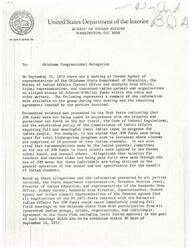 ["The document outlines a meeting held in 1972 regarding the misuse of Johnson-O'Malley (JOM) funds in Oklahoma schools, specifically in relation to education for Native American students. It was found that the funds were not being used as intended, and agreements were reached to cease negotiations on the FY 1973 State contract with the Bureau of Indian Affairs for JOM funds. A full review of the use of JOM funds in Oklahoma was agreed upon, and steps were taken to involve tribal Indian groups and individuals in the review process. Concerns were also raised about the expulsion of Indian students from public schools due to dress code conflicts, and the BIA pledged to seek ways to reinstate these students in schools."]