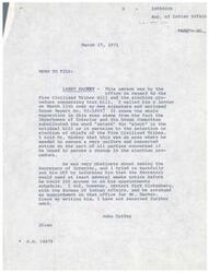 ["Larry Hackey visited the Bureau of Indian Affairs regarding the Five Civilized Tribes Bill and the change from \"elect\" to \"select\" in the original bill. John Coffey advised Hackey to secure a unified effort from all parties concerned if he wanted to change the election procedure. Coffey arranged for Hackey to meet with Kirk Kickenberg from the Bureau of Indian Affairs. Coffey sent Hackey a letter enclosing House Report No. 91-1499 and emphasized the importance of a strong and unified effort to restore the language \"elected\" in the bill."]