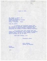 ["Mr. Clyde W. Brown, Jr. wrote to Congressman Page Belcher seeking information about urban American Indians being restricted from Bureau of Indian Affairs (BIA) funded programs. Belcher forwarded the inquiry to the BIA, who responded that their services are typically only provided to Indians living on or near reservations. They do have an Employment Assistance Program for vocational training and employment services for reservation Indians. The BIA does not typically provide services to urban Indians, but other federal agencies are being encouraged to assist this population. Congressman Belcher promised to look into the matter and provide further information to Mr. Brown."]