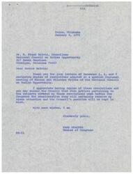 ["The document consists of letters from the National Council on Indian Opportunity to Congressman Page Belcher, enclosing resolutions adopted at a special regional meeting regarding amendments to the Johnson-O'Malley Act, the establishment of an Indian Trust Council Authority, and the representation of Indian tribes in legal matters. Congressman Belcher acknowledges receipt of the resolutions and assures that they will receive his attention when relevant matters come before Congress."]