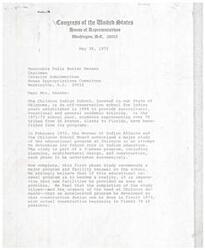 ["A letter addressed to Honorable Julia Butler Hansen from members of the Congress of the United States discusses the importance of the Chilocco Indian School in Oklahoma and the need for a major program and facility renewal. The document urges for the addition of $600,000 to the Fiscal 1973 budget of the Bureau of Indian Affairs for this project. Additionally, a press release announces the start of a review and analysis of the Chilocco Indian School to focus on long-term goals and planning. The review team includes members representing the Chilocco Advisory School Board, students, parents, and experts from the Bureau of Indian Affairs."]