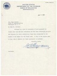 ["The document consists of a series of letters from different departments of the United States government to Hon. Page Belcher, a member of the House of Representatives. The documents include information on proposed work for fiscal years, requests for data on budget estimates, and updates on various projects such as the Central Valley Project in California. The documents also offer to provide additional information if needed."]