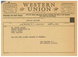 ["The document is a telegram regarding the awarding of a construction contract to Asplund Construction Co. The telegram provides details of the contract amount, competition, and the expectation of Asplund being awarded the job. It also includes a personal letter from Page Belcher Jr. to his father, updating him on various matters including a bid for a sewer improvement project at Chillocco Indian School."]
