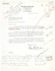 ["Page Belcher, Jr. of Belcher & Belcher law firm in Enid, Oklahoma, writes to Vera Jo Fredericks regarding a bid on a job at the Chillocco Indian School. George Asplund of Asplund Construction Company wants to know the bidders and their bids. Belcher requests Fredericks to obtain and send the information. The document includes a list of some of the bidders and their bids."]