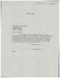 ["The document is from Harry J. W. Belvin, Principal Chief of the Choctaw Nation, to Congressman Page Belcher opposing H. R. 4985, a bill to provide a decree of competency for United States Indians in certain cases. Belvin urges Belcher to oppose the bill and solicit opposition from other members of the Oklahoma delegation, as they believe the legislation would be detrimental to Indian welfare. Congressman Belcher responds, stating that he is not on the committee that considers such legislation but assures Belvin that he will give the bill his full attention when it comes before the House for consideration."]