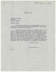 ["The document includes a letter from Page Belcher, a member of Congress, thanking Mr. Meeks for returning a questionnaire and discussing issues related to the Muskogee Indian Agency, tax decreases, constitutional amendments, international treaties, aid to Western Europe, the Taft-Hartley labor law, and a naval blockade of China. The document also includes information about the Cherokee Seminaries Association and an invitation to a May 7th celebration."]