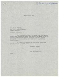 ["Mrs. C. O. Phillips is seeking information about her great grandfather, Lige Williams, who was a Cherokee Indian. She contacted Congressman Page Belcher for assistance, who forwarded her inquiry to the Bureau of Indian Affairs. The Bureau advised her to contact their Area Director in Muskogee, Oklahoma for further information as her great grandfather's name does not appear on the approved roll of the Cherokee Nation. Congressman John Jarman also offered his assistance in finding information about her great grandfather."]